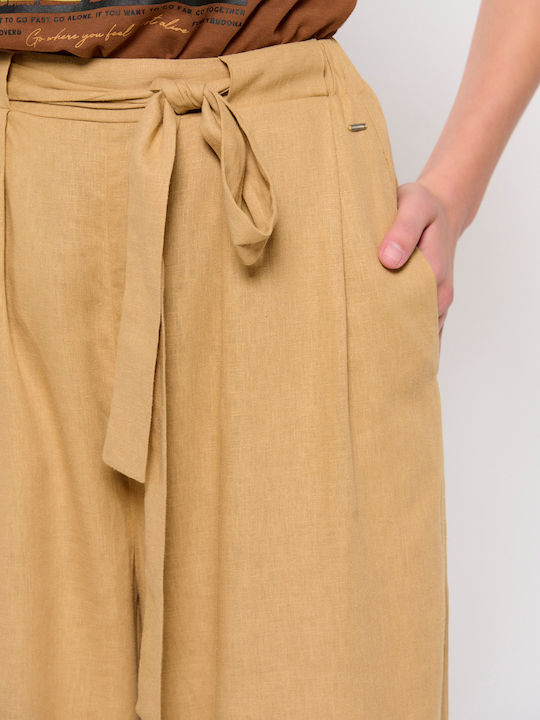 Women's High-waisted Fabric Trousers with Elastic Oat Milk