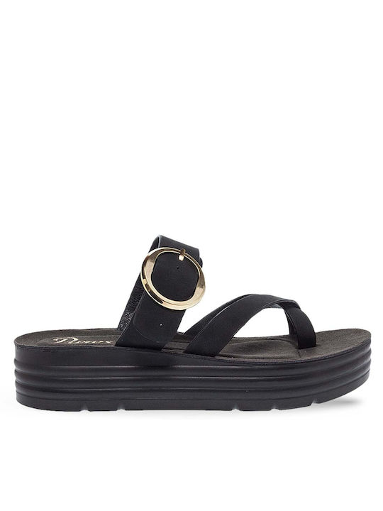 Parex Leather Women's Flat Sandals with Strap Flatforms in Black Color