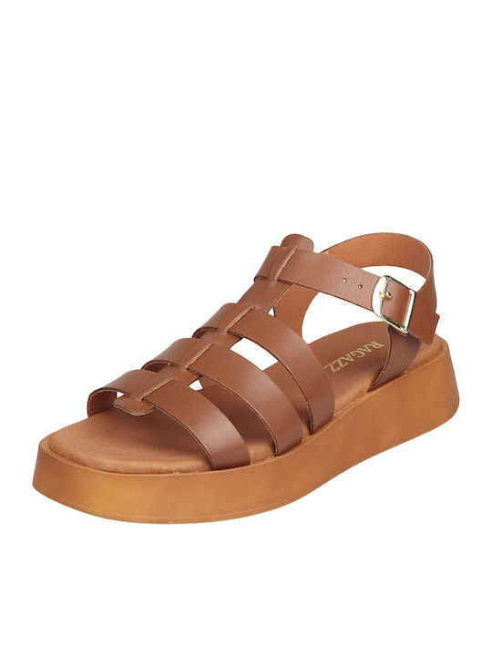 Leder Flache Sandalen für Damen mit Riemen Flatforms in Tabac Braun Farbe