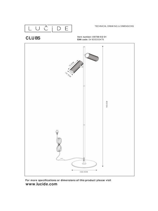 Lucide Lightning Floor Lamp H140cm. with Socket for Bulb GU10 White