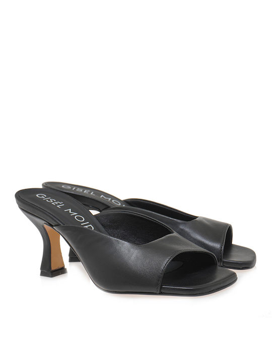 Gisel Moire Paris Heel Leather Mules Black