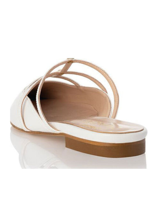 Flat Leather Mules in White Color