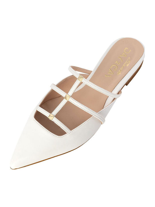 Flat Leather Mules in White Color