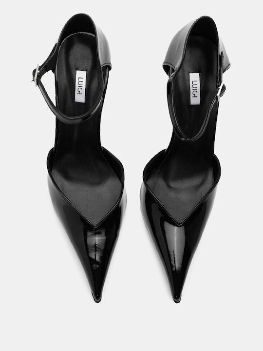 Luigi Synthetic Leather Pointed Toe Black High Heels with Strap