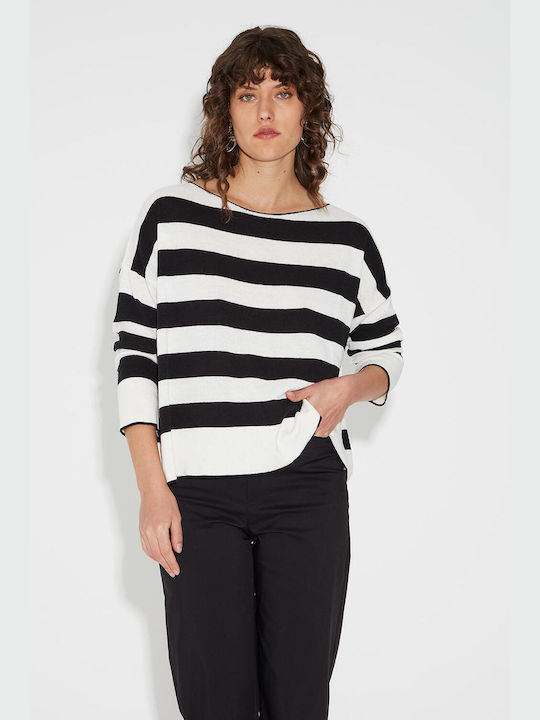 Bill Cost Women's Pullover with 3/4 Sleeve & Smile Neckline Striped Black