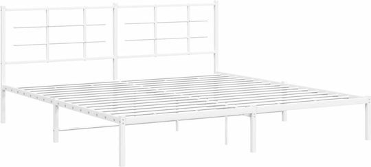 King Size Metal Bed White with Slats for Mattress 193x203cm
