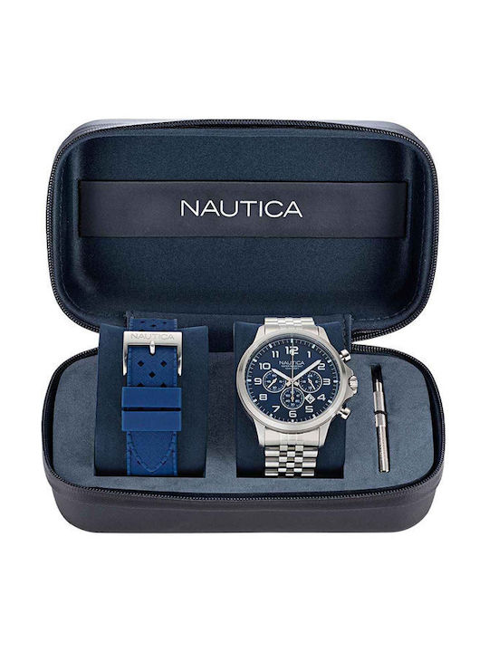 Nautica Watch Chronograph Battery with Blue / Blue / Silver / Silver Metal Bracelet