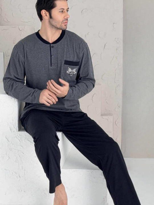 Lindros Men's Winter Cotton Pajamas Set Ανθρακι (γκρι)