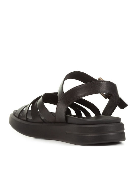 D Xand Leather Women's Flat Sandals with Strap in Black Color