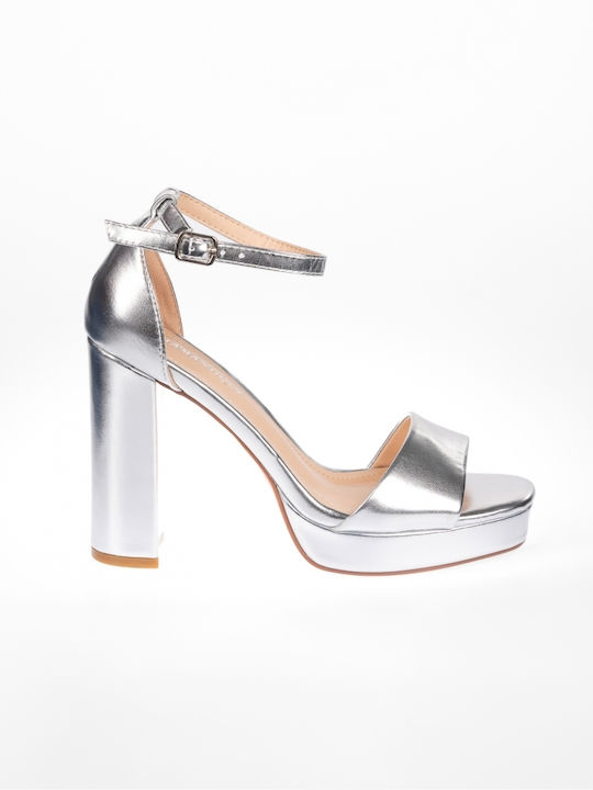 Issue Fashion Platform Women's Sandals with Ankle Strap Silver with Chunky High Heel