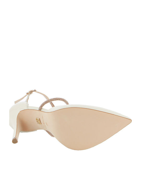 Leather Stiletto Ecru High Heels with Strap