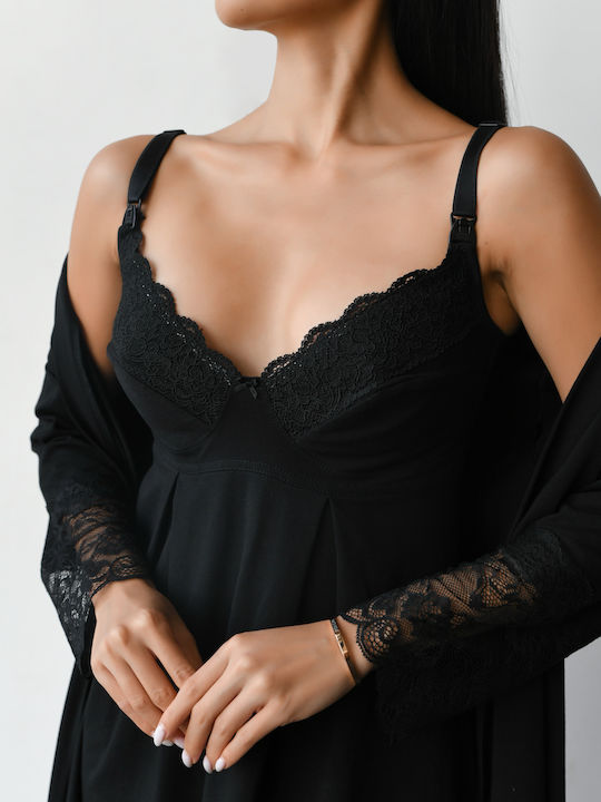 EasyMum Nightdress with Maternity Robe & Nursing Black