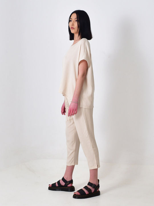 Women's Summer Blouse Short Sleeve Beige