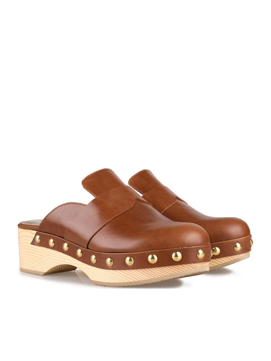 Leather Mules with Chunky Low Heel in Tabac Brown Color