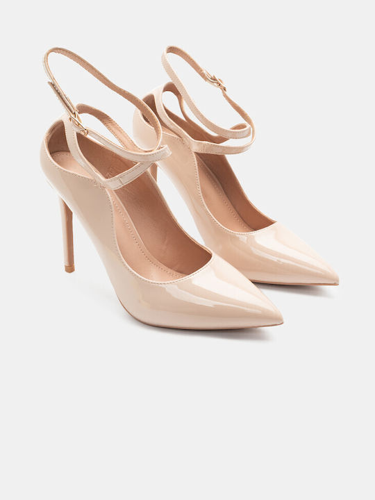 Luigi Synthetic Leather Pointed Toe Beige High Heels with Strap