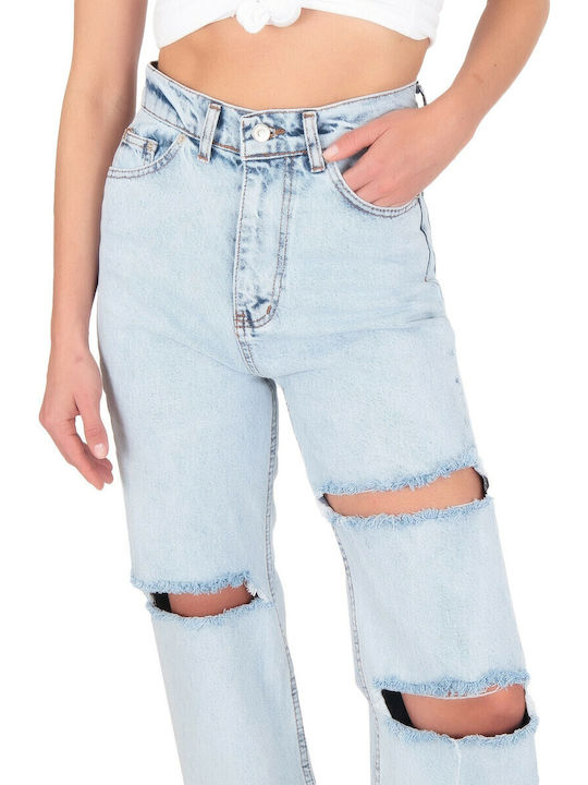 High Waist Women's Jean Trousers Flared with Rips Light Blue