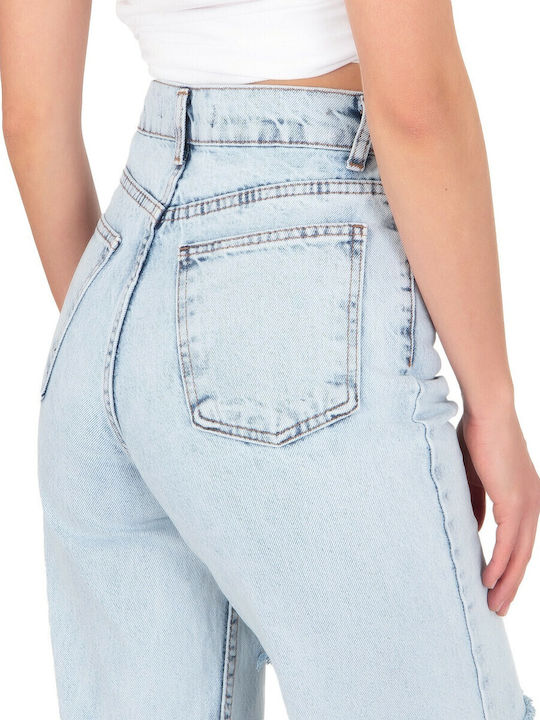 High Waist Women's Jean Trousers Flared with Rips Light Blue
