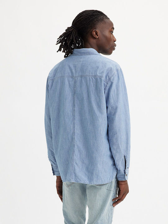 Worker Long-sleeved Denim Shirt in Wide Line Light Blue