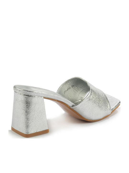 Leather Mules with Chunky High Heel in Silver Color