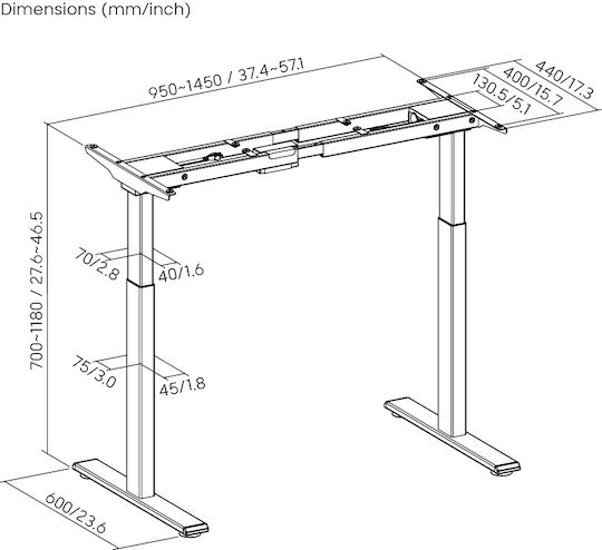 Brateck Collapsible Metal Desk Base Black Office 145x60x70cm