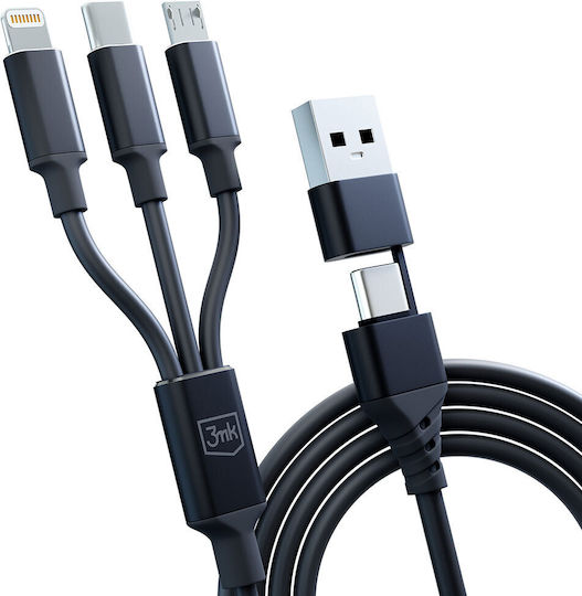 3MK Braided USB to Lightning / Type-C / micro USB Cable 3A Μαύρο 1.5m