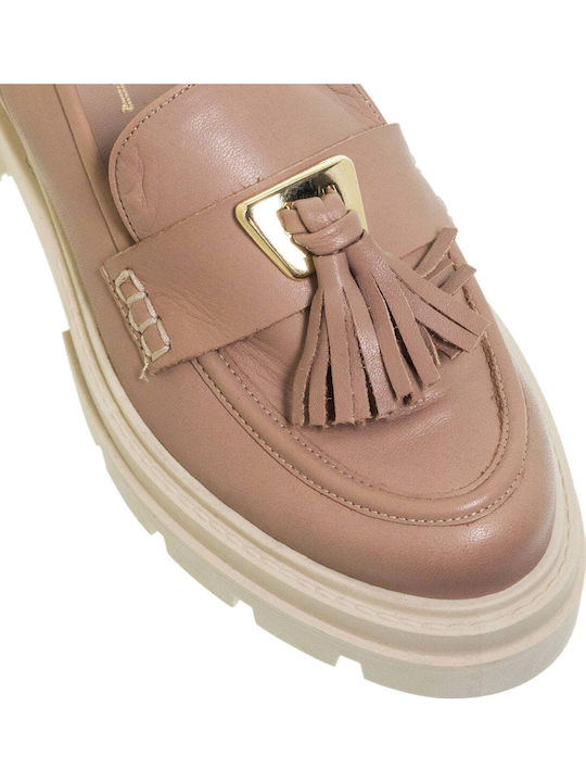 Leather Women's Loafers in Beige Color