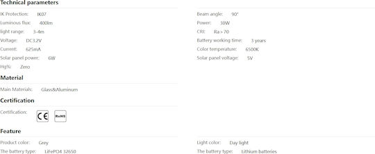 Aigostar Στεγανός Ηλιακός Προβολέας LED 30W Ψυχρό Λευκό 6500K IP65