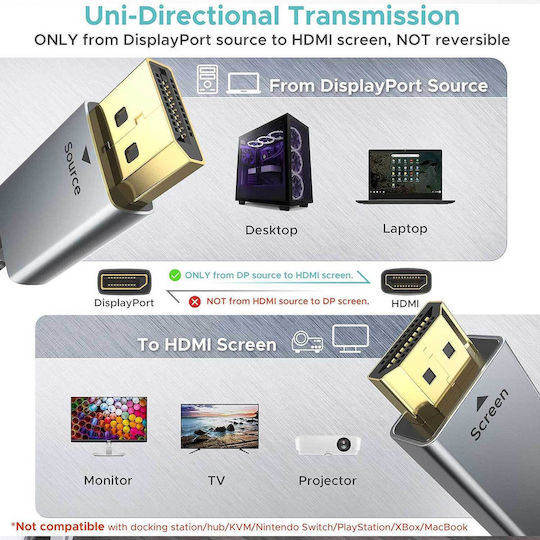 Cable DisplayPort male - HDMI male 1.8m Ασημί (1000-44000099)