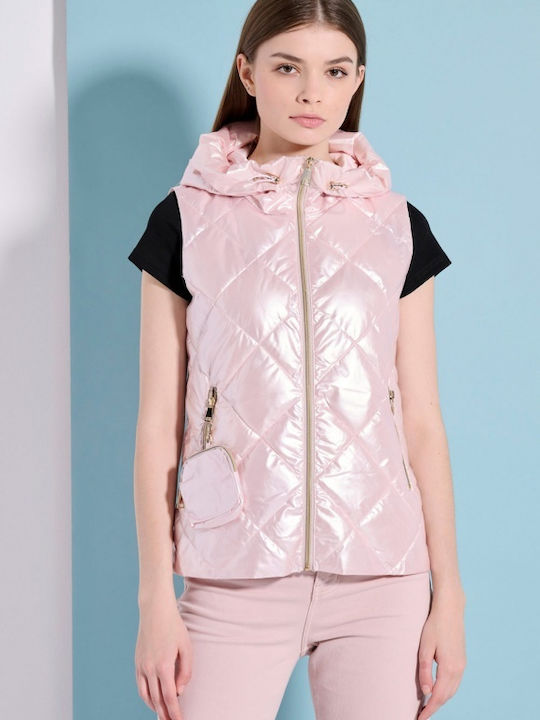 Matis Fashion Κοντό Γυναικείο Αμάνικο Puffer Μπουφάν Αδιάβροχο για Χειμώνα Ροζ