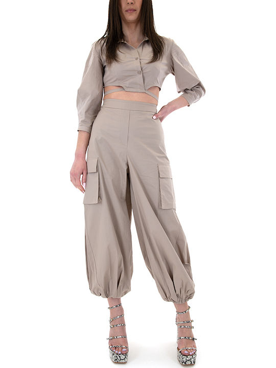 Γυναικείο Ψηλόμεσο Υφασμάτινο Cargo Παντελόνι σε Balloon Γραμμή Μπεζ