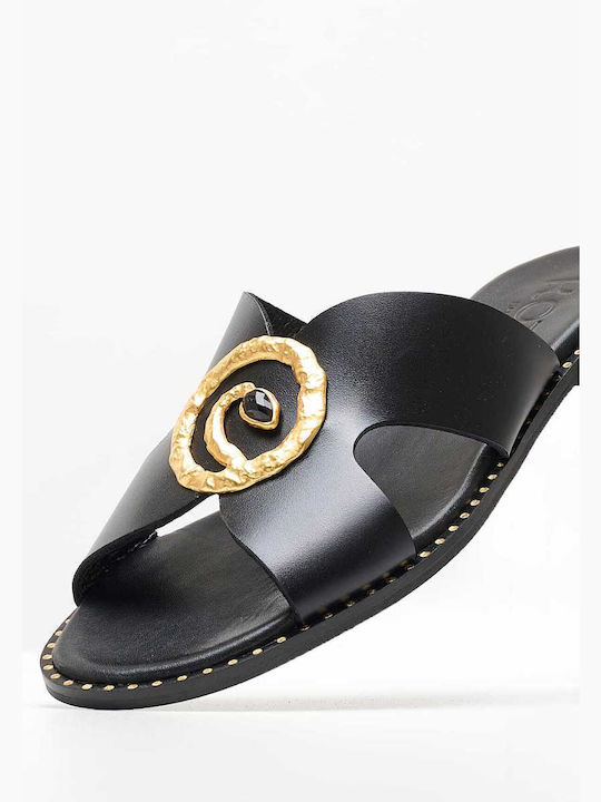 Makis Kotris Leather Women's Flat Sandals in Black Color