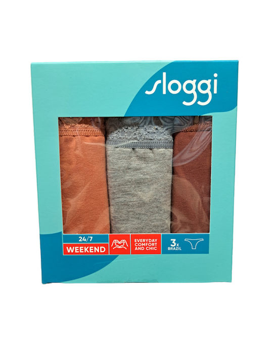 Sloggi Βαμβακερά Γυναικεία Brazil 3Pack Καφέ/γκρι/εκάι