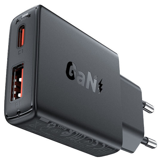 Acefast Φορτιστής Χωρίς Καλώδιο GaN με Θύρα USB-A και Θύρα USB-C 30W Power Delivery / Quick Charge 2.0 / Quick Charge 3.0 / Quick Charge 4+ Μαύρος (A69)