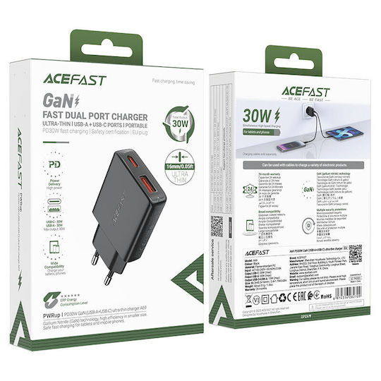 Acefast Φορτιστής Χωρίς Καλώδιο GaN με Θύρα USB-A και Θύρα USB-C 30W Power Delivery / Quick Charge 2.0 / Quick Charge 3.0 / Quick Charge 4+ Μαύρος (A69)