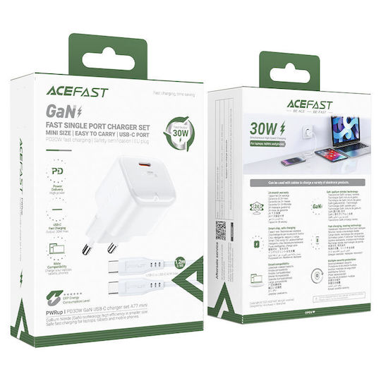 Acefast Încărcător Fără Cablu GaN cu Port USB-C 30W Livrarea energiei / Quick Charge 2.0 / Quick Charge 3.0 / Quick Charge 4+ Albς (A77)
