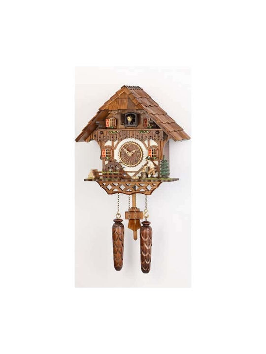 Cuckoo clock with handmade Alpine house performance, with water mill and woodcutter, and music