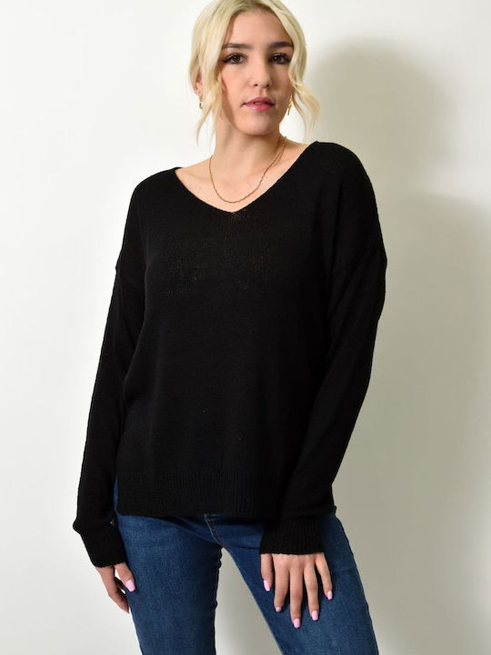 Potre Women's Long Sleeve Sweater Cotton with V Neckline Black