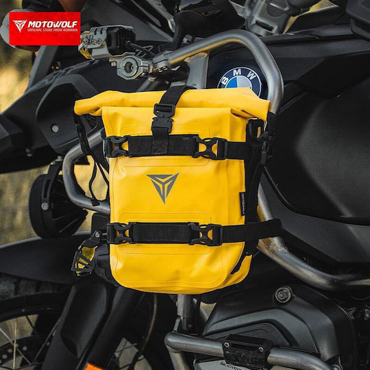 Geantă impermeabilă pentru motocicletă cu capacitate ajustabilă 5-8l, Motowolf, atașament cadru motocicletă, universal, material Plato 500d, galben