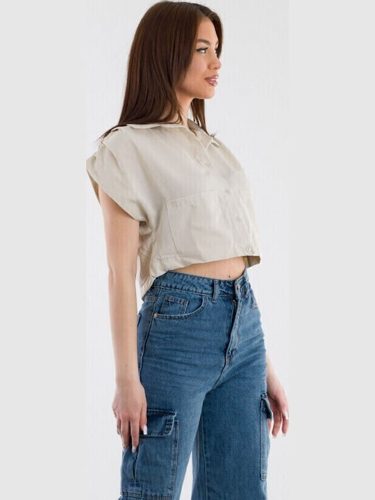 Crop Top Πουκάμισο Μονόχρωμο - Μπεζ 15254