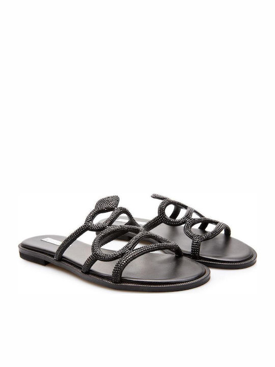 Leather Women's Flat Sandals in Black Color