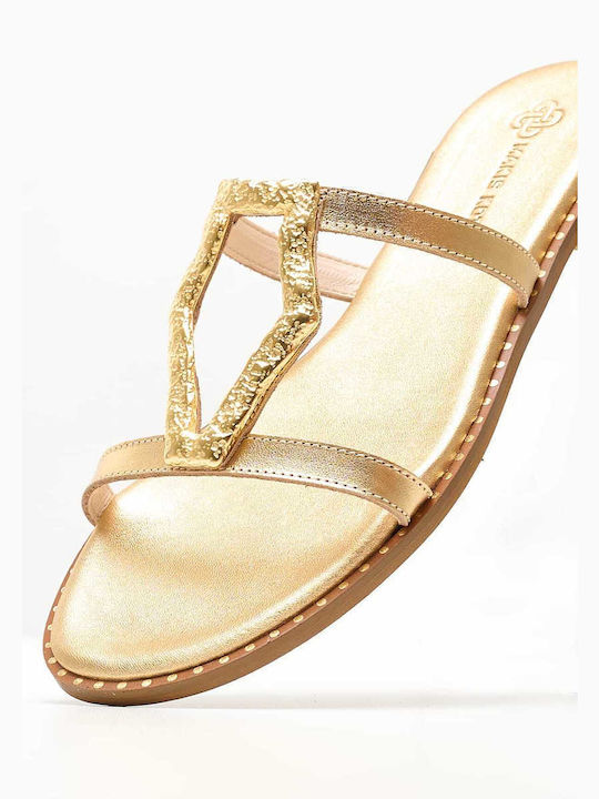 Makis Kotris Leather Women's Flat Sandals in Gold Color