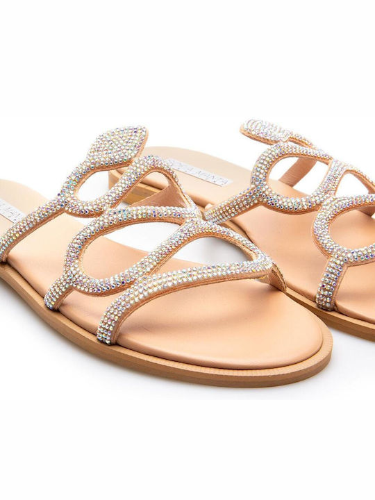 Leather Women's Flat Sandals in Silver Color