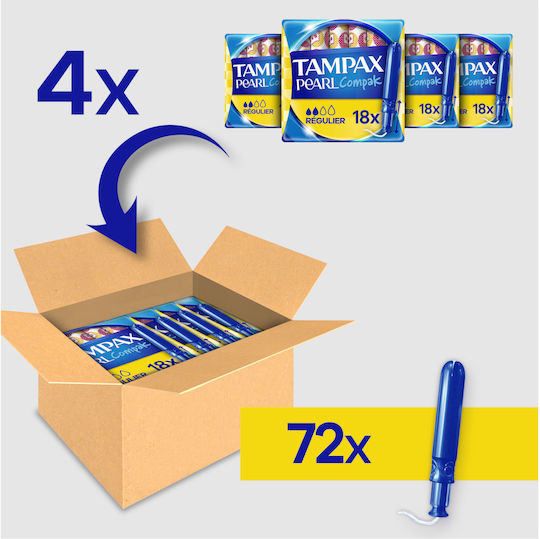 Tampoane Tampax Regular Compak Pearl cu Aplicator pentru Flux Normal 72 Bucăți [4 Pachete X 18 Bucăți]