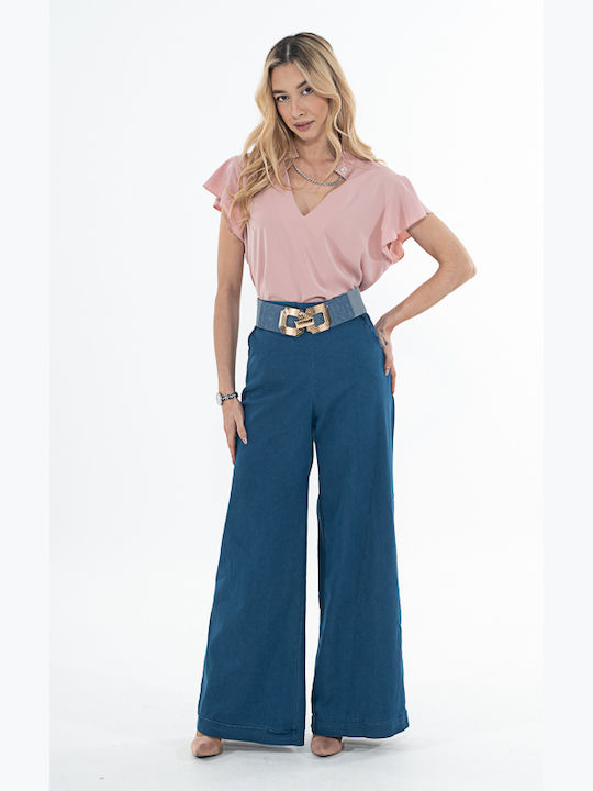 Donna Martha Women's Summer Blouse Cotton Short Sleeve with V Neckline Pink