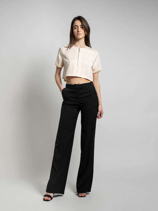 Fashioncore Women's High-waisted Fabric Trousers in Straight Line Black