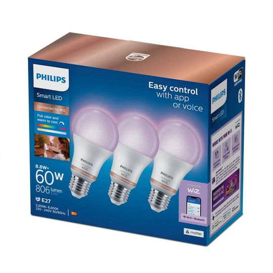 Philips Smart Λάμπες LED για Ντουί E27 και Σχήμα A60 RGB Dimmable 3τμχ