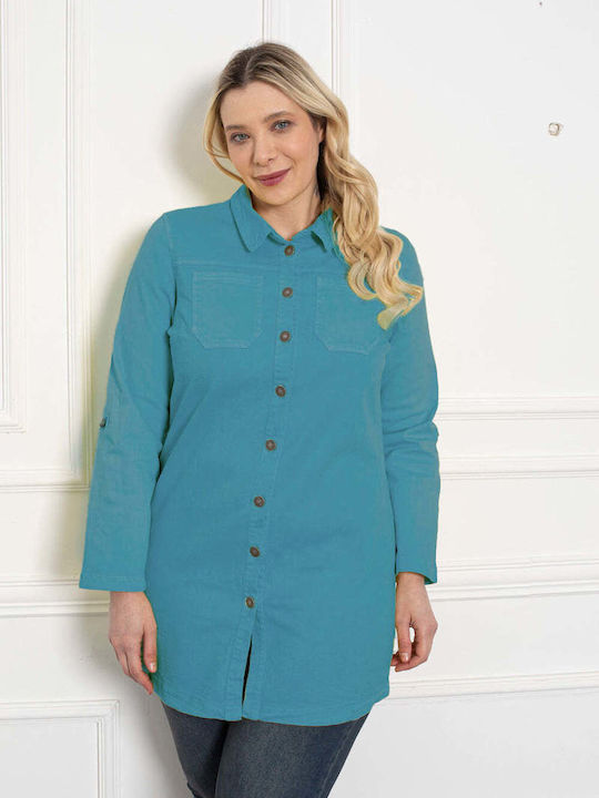 Bubble Chic Lung Jachetă de femei din denim Turquoise