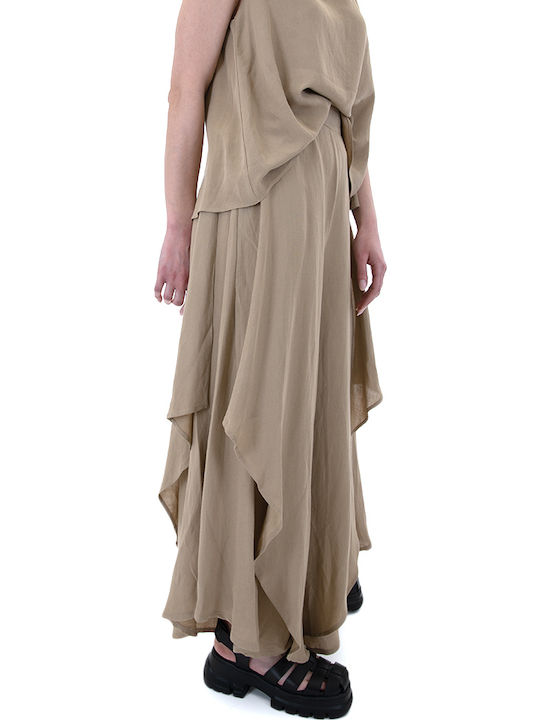 Women's High-waisted Fabric Trousers in Wide Line Beige