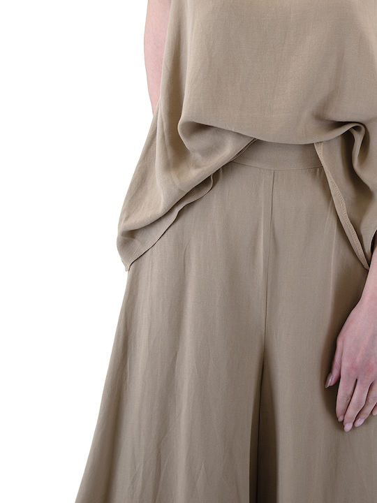 Women's High-waisted Fabric Trousers in Wide Line Beige