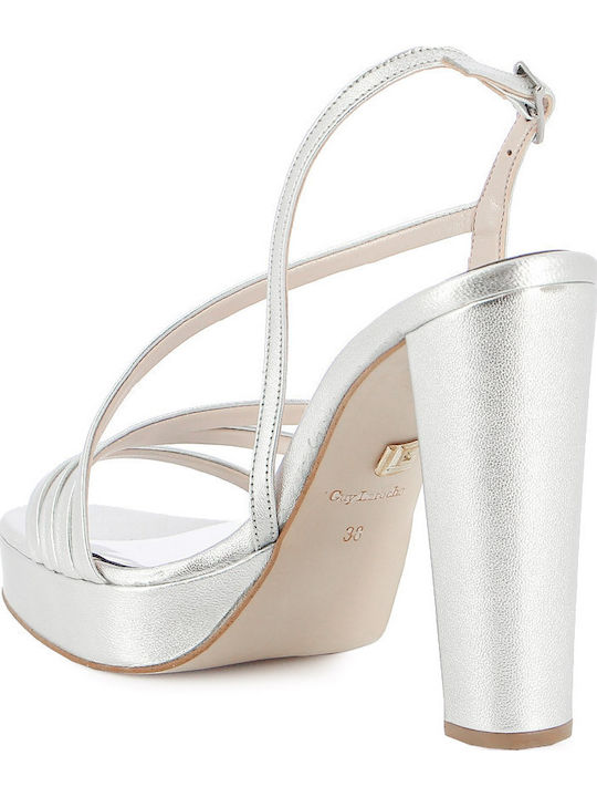 Leder Damen Sandalen mit hohem Absatz in Silber Farbe